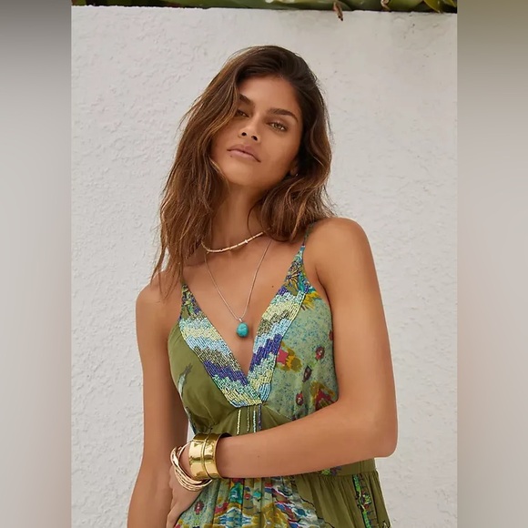 Anthropologie Barok Paris Sleeveless V-Neck Tiered Dress Green - Picture 4 of 10